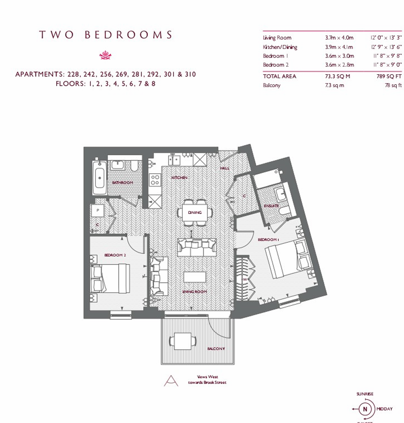 伦敦  皇家金斯顿 两房两卫 KT1 2FQ 户型图